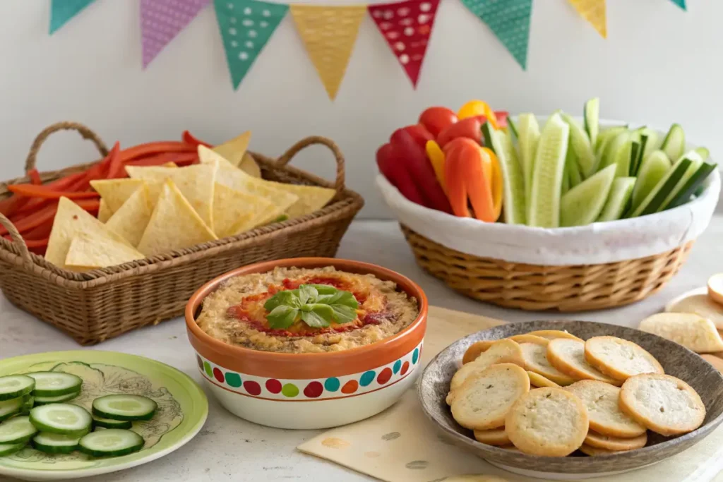 A table spread with a bowl of dip, surrounded by baskets of tortilla chips, sliced bell peppers, cucumbers, and toasted baguette slices.