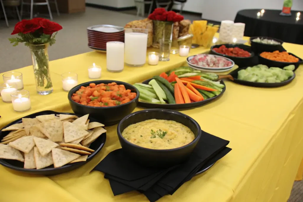  Classic dips people love Salsa dip p tablecloth displays an assortment of party appetizers and snacks.