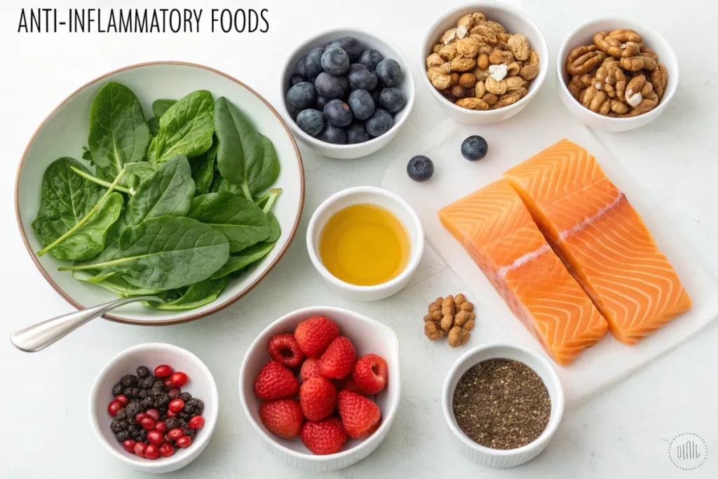 anti inflammatory foods : A flat lay of various foods known for their anti-inflammatory properties.