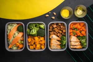 Four meal prep containers are filled with cooked salmon, broccoli, sweet potatoes, chicken, and diced vegetables.