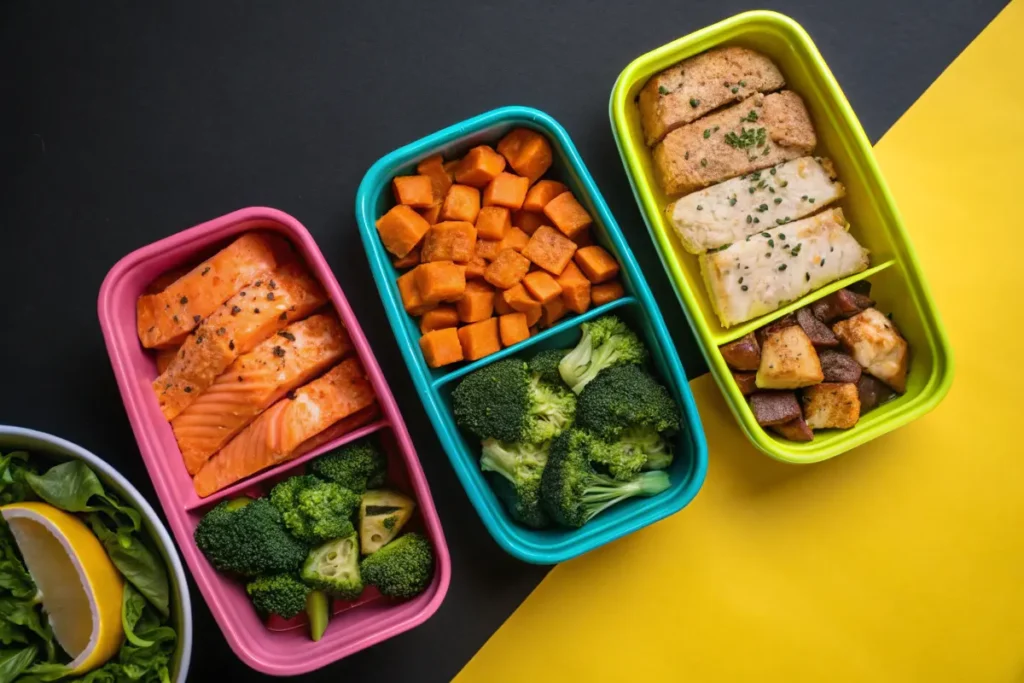 Three colorfulEasy meal prep for weight loss  containers are filled with salmon and broccoli, sweet potatoes and broccoli, and chicken, tofu and potatoes.