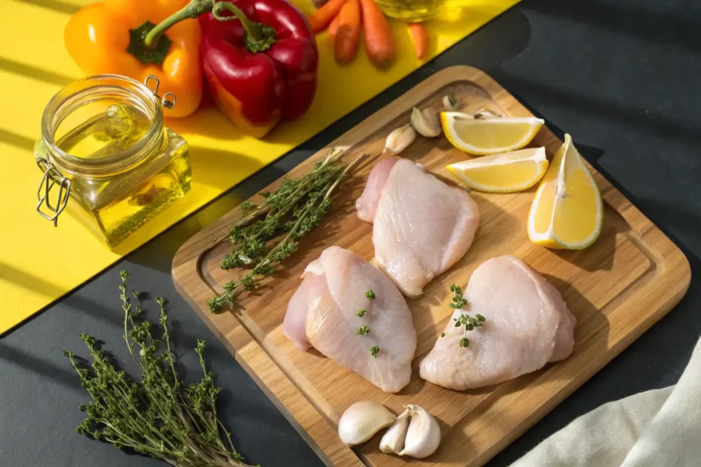 Three raw chicken breasts on a wooden cutting board with lemon wedges, garlic cloves, thyme sprigs, a jar of oil, and bell peppers.