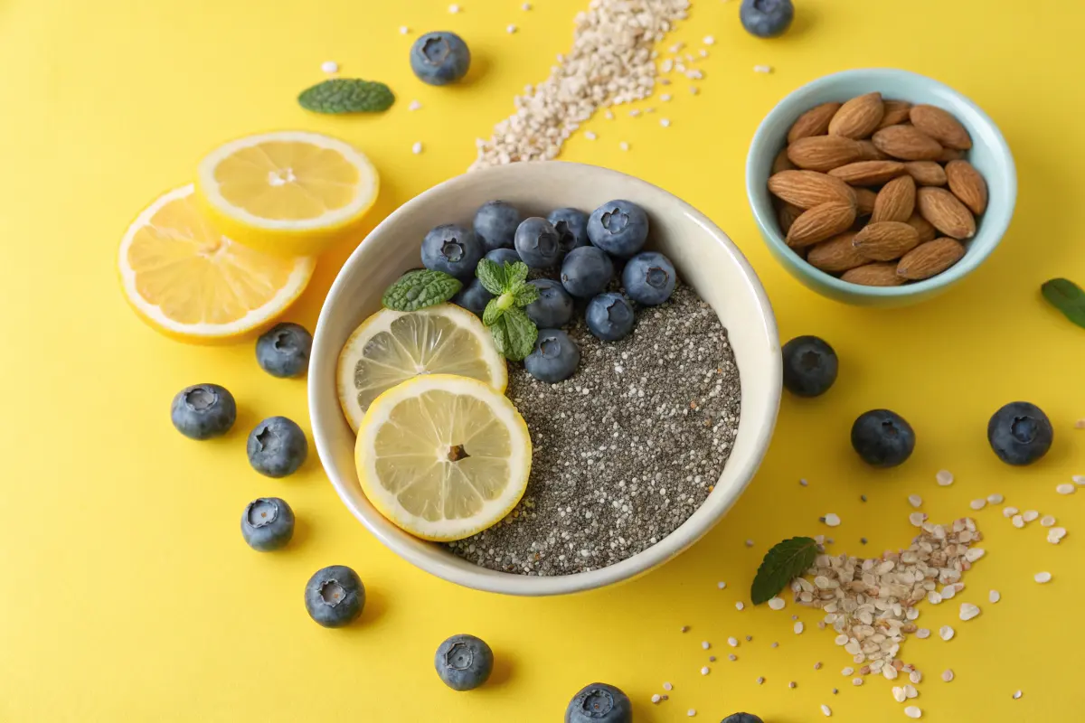 A bowl of chia seeds surrounded by lemon slices, blueberries, and almonds on a yellow background.