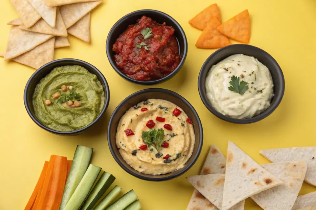 Four bowls of dips are arranged on a yellow surface with pita chips and veggie sticks.