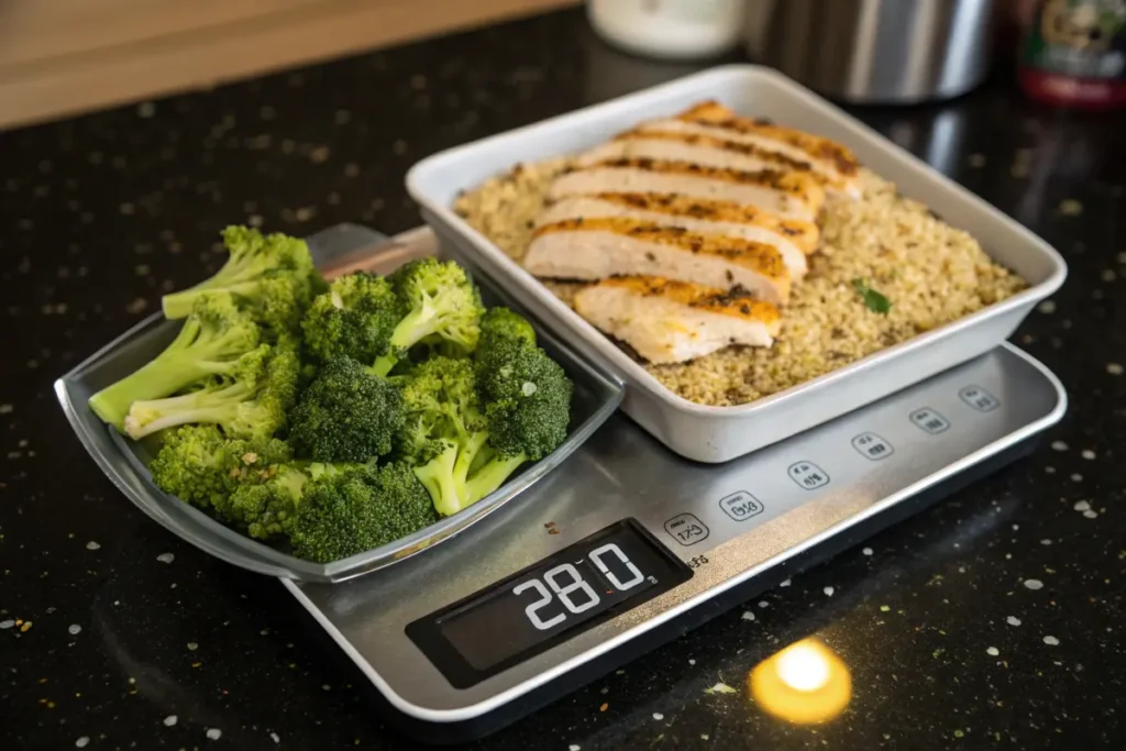 Meal prep ideas for weight loss with  digital kitchen scale displays cooked chicken and broccoli.