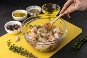 A hand mixes chunks of raw fish with herbs in a glass bowl.