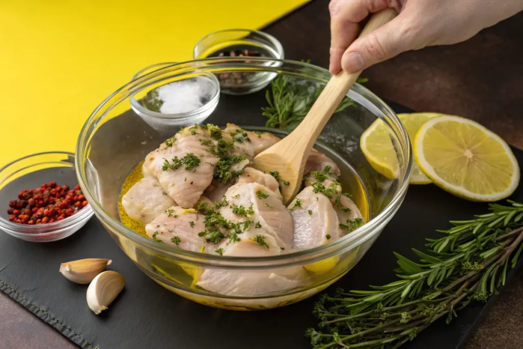 A glass bowl of raw fish marinating in oil and herbs with a wooden spoon.