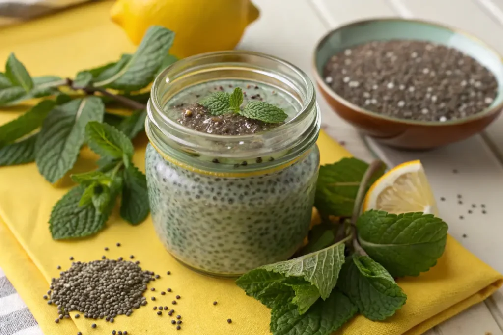 A pile of chia seeds on a yellow plate with a glass of water and a wooden spoon on the side