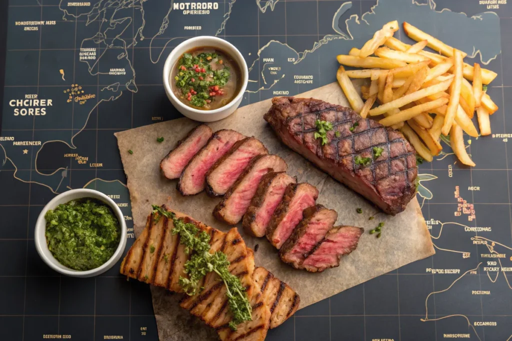 Sliced meat, french fries, grilled bread, and two sauces served on a placemat designed as a map.