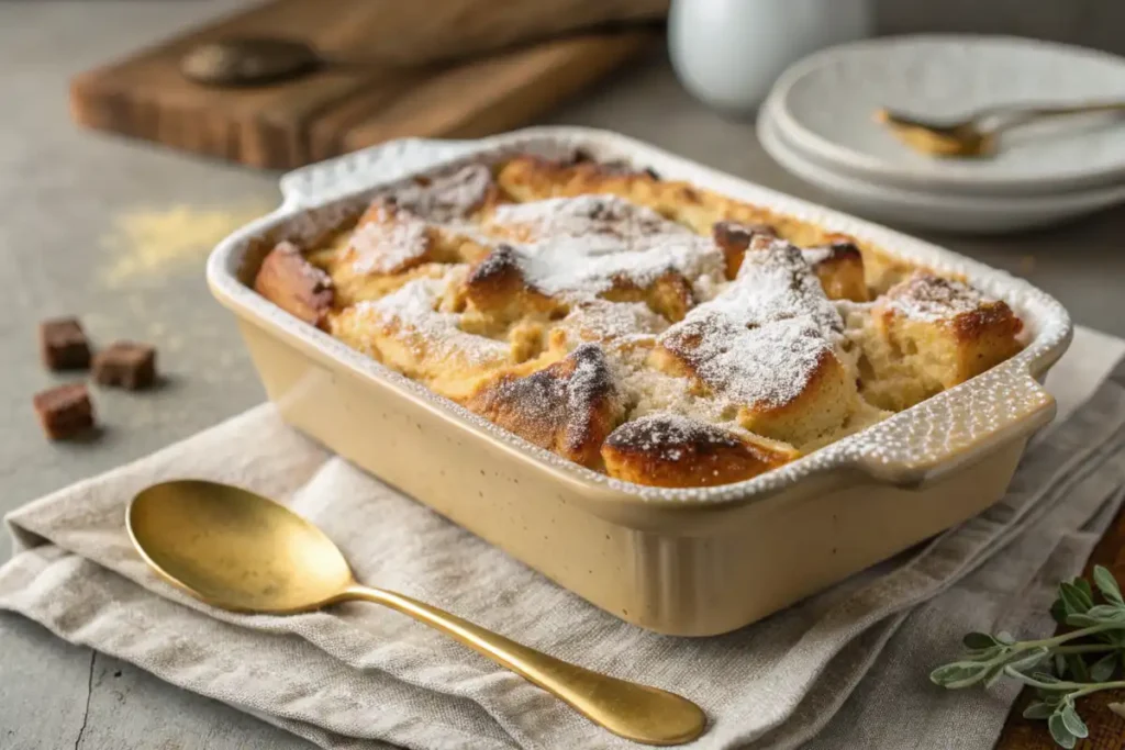 Golden bread pudding fresh out of the oven with powdered sugar on top.