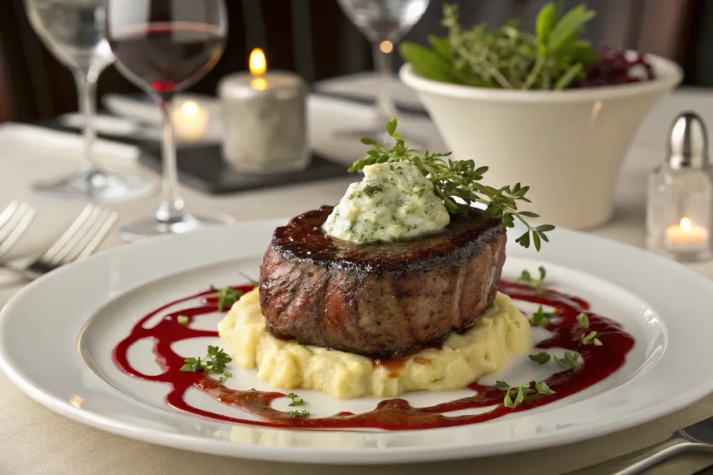 Juicy cooked steak topped with herb butter sits on mashed potatoes with a berry reduction sauce.