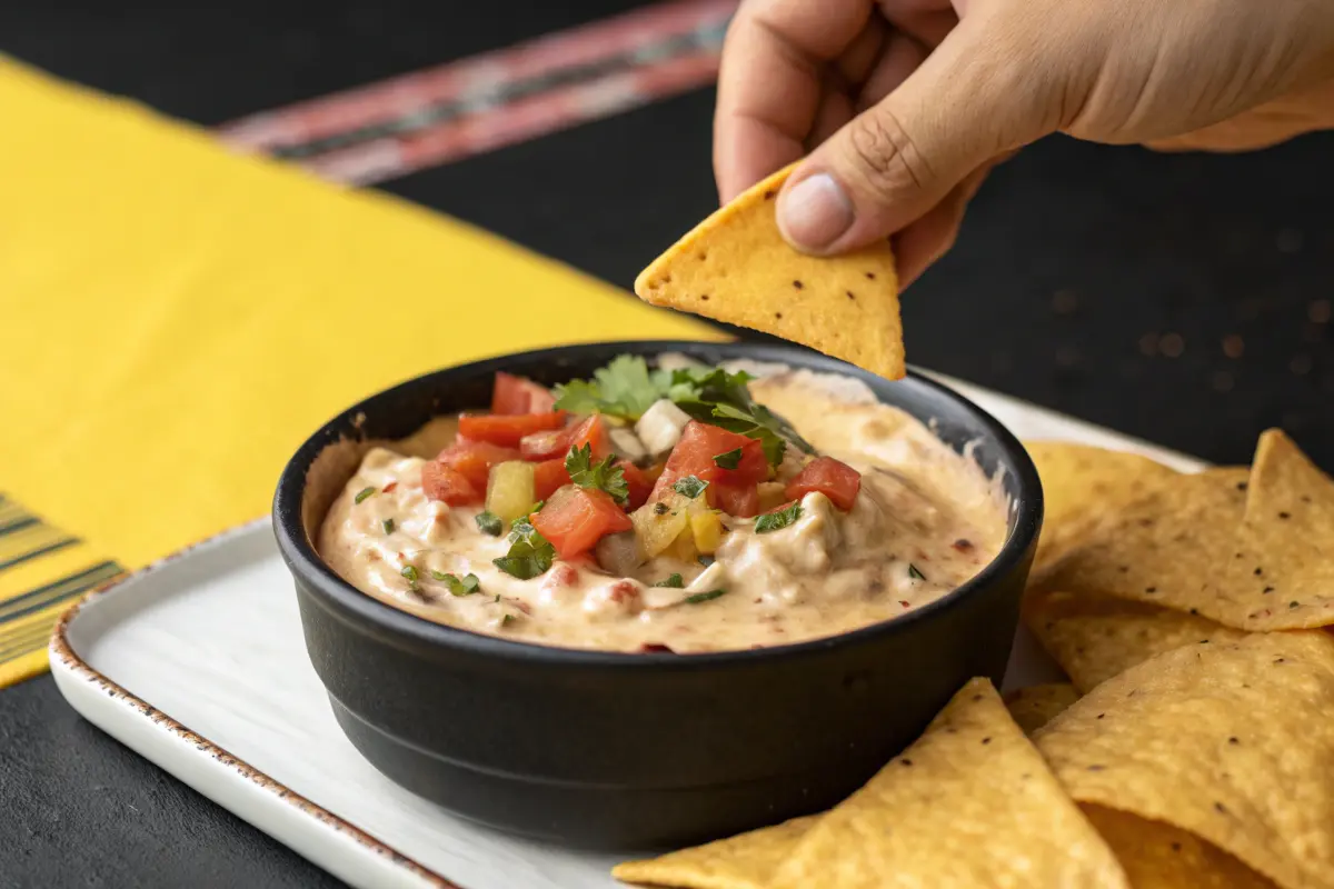 A hand dips a tortilla chip into a bowl of creamy dip topped with chopped tomatoes, cilantro, and other spices.