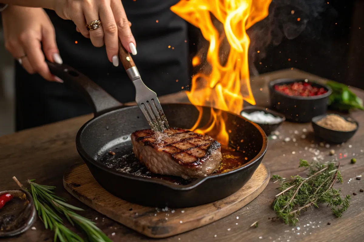 A person uses a fork to check a steak cooking in a cast iron skillet over flames.