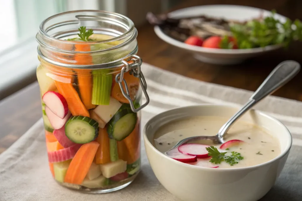 A jar of pickled carrots, celery, radishes, cucumber, and jicama sits beside a bowl of soup.