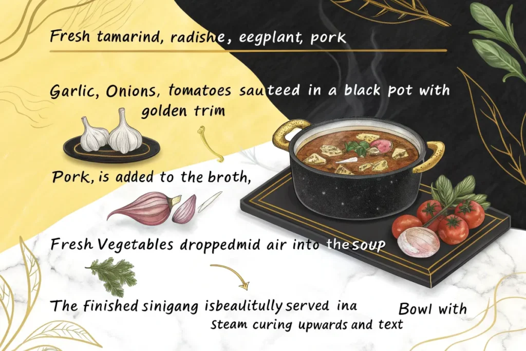 Sinigang soup ingredients and a finished pot of the soup are shown on a cream and black patterned background.