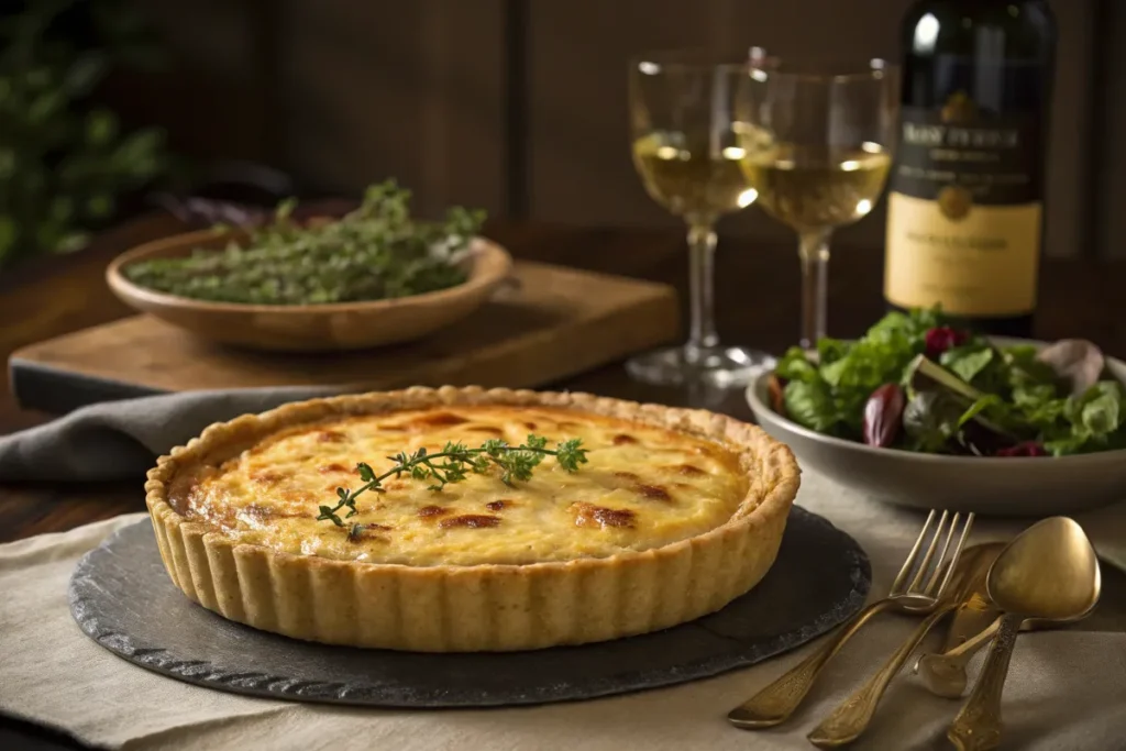 A golden-brown quiche sits on a dark slate plate.