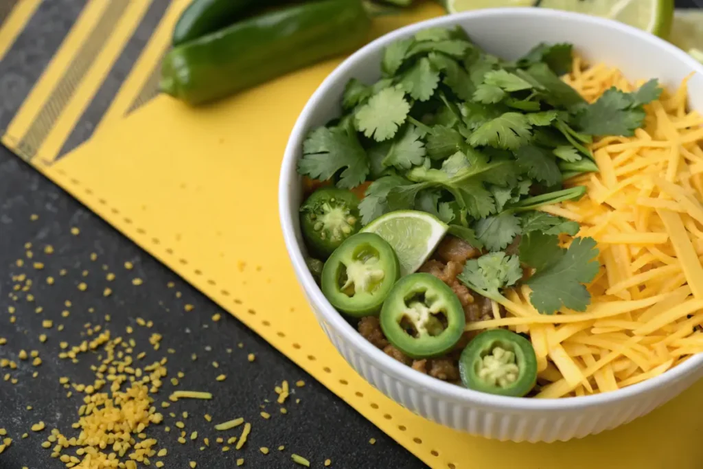 A white bowl of chili topped with shredded cheese, cilantro, jalapeños, and a lime wedge sits on a yellow placemat.