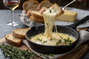 A cast iron skillet with melted cheese and herbs, and a slice of bread with melted cheese being pulled away.