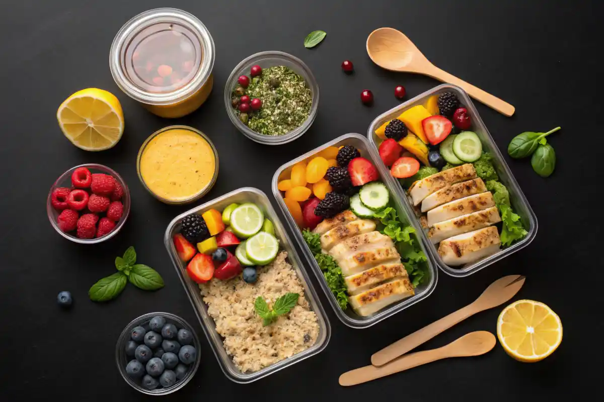 Featured meal prep ideas with containers of chicken, grains, roasted vegetables, mason jar salads, smoothie packs, and sauces on a black and yellow background