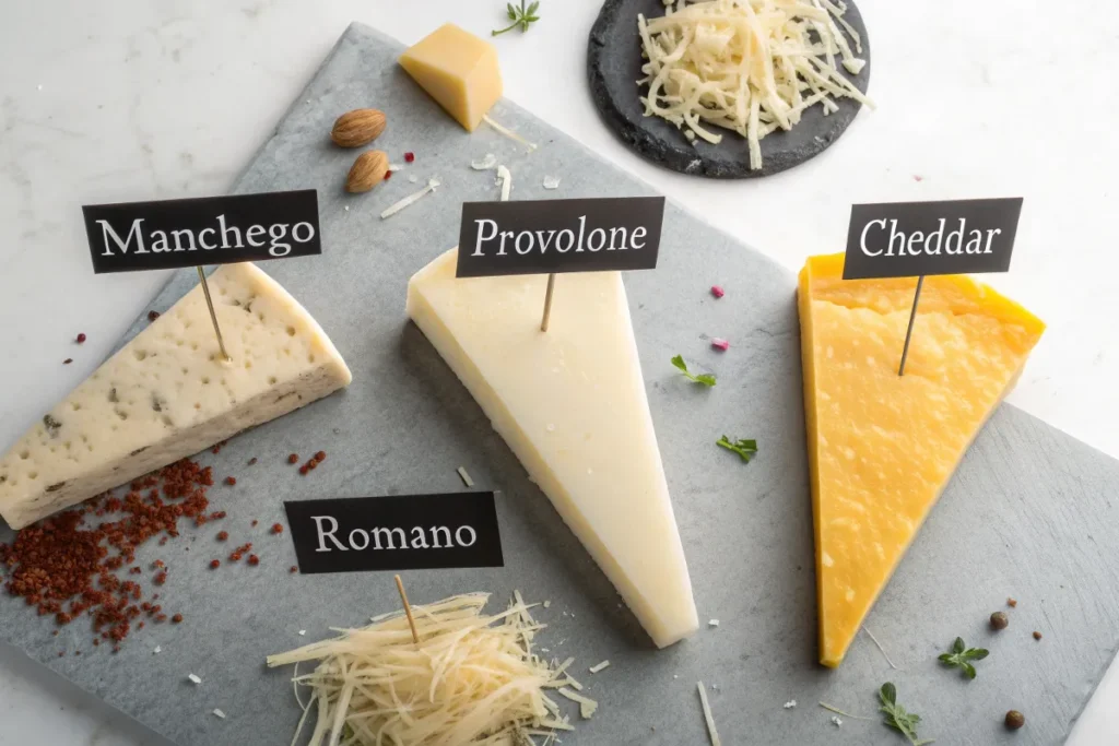 Four triangular cheese slices labeled Manchego, Provolone, Cheddar, and Romano are displayed on a gray slate board.