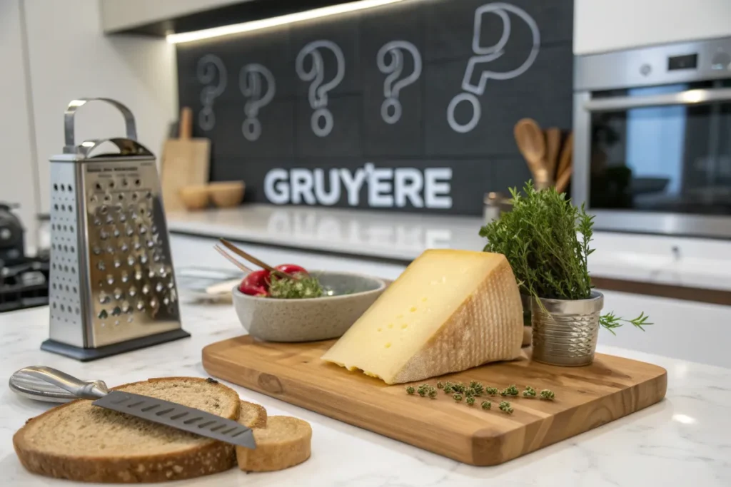 A wedge of Gruyère cheese sits on a wooden cutting board next to sliced bread and a small bowl of herbs.