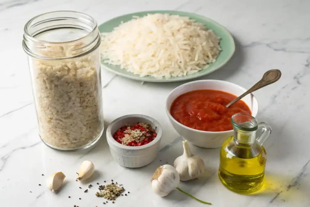 ingredients for Spanish rice recipe including rice, tomato sauce, and spices