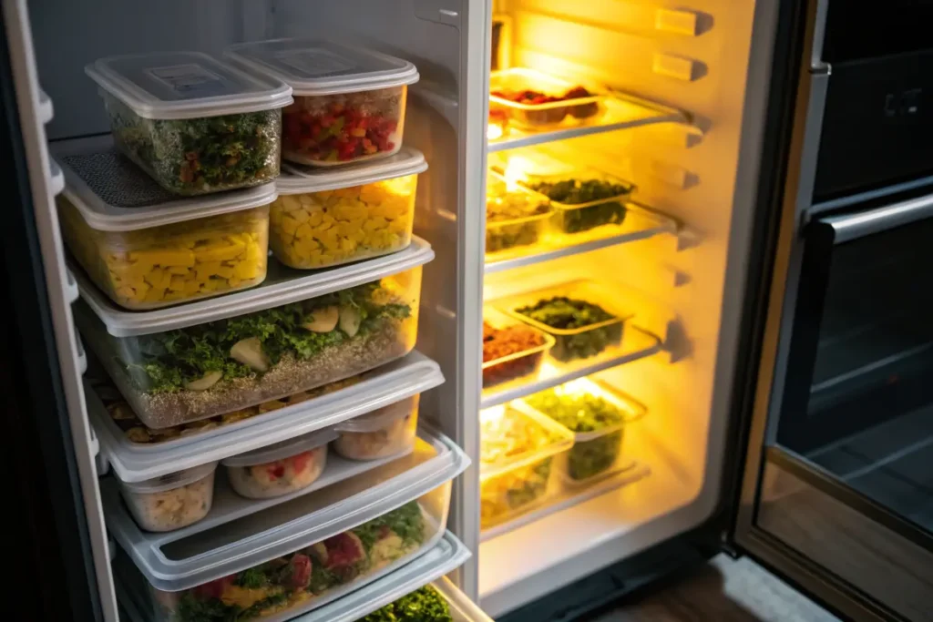 An open refrigerator is full of containers of prepared meals and ingredients.