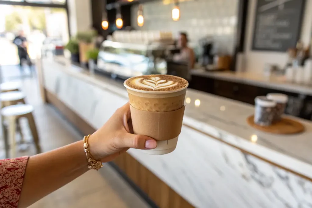 A hand holds a to-go cup of latte art coffee inside a cafe.