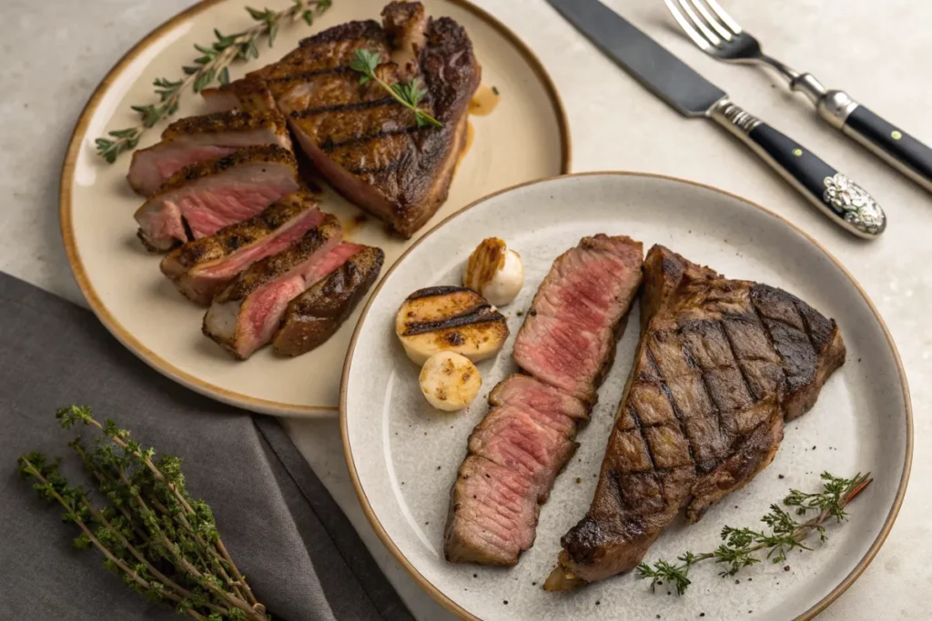 Two plates of steak, one sliced and one partially sliced, are presented with garnish.