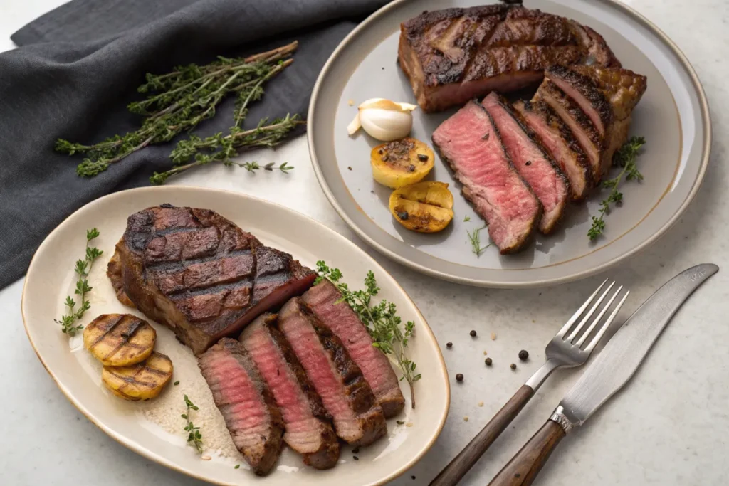 Two plates of sliced steak with grilled potatoes and thyme sprigs are presented with a knife and fork.