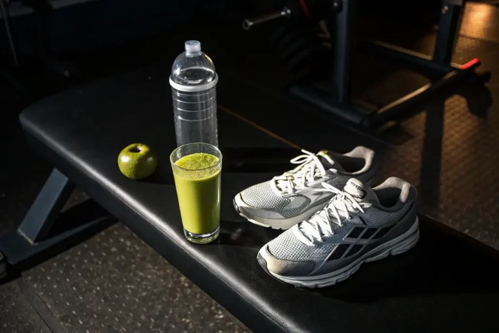 A pair of running shoes, a green smoothie, a green apple, and a water bottle sit on a bench in a gym.