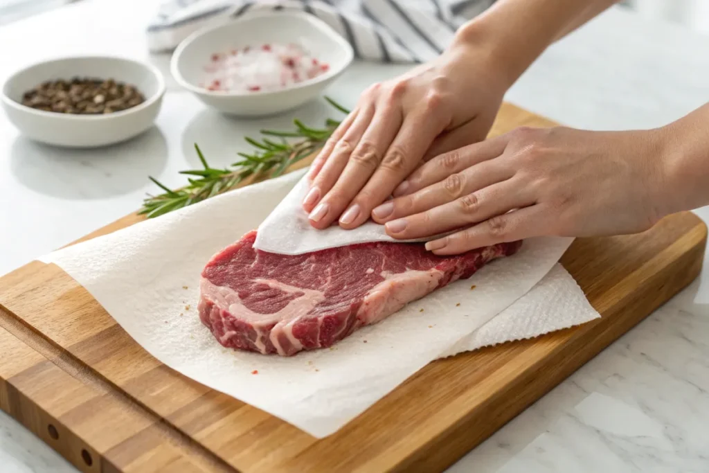 Hands pat a raw steak dry with a paper towel on a wooden cutting board.