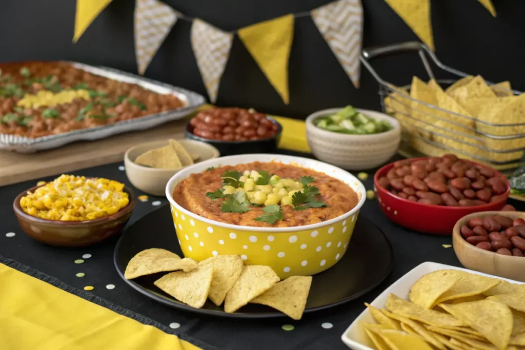 A table spread with a yellow bowl of layered dip, surrounded by tortilla chips and toppings including beans, corn, and ground beef.