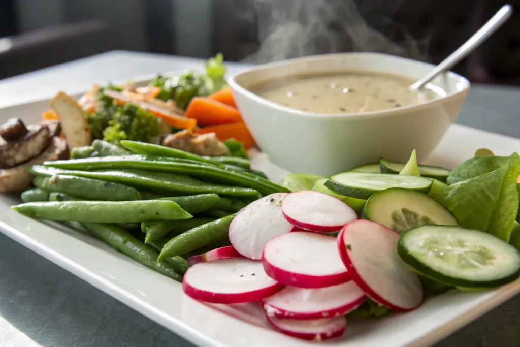 A white platter displays an array of fresh, colorful vegetables arranged around a bowl of steaming dip.