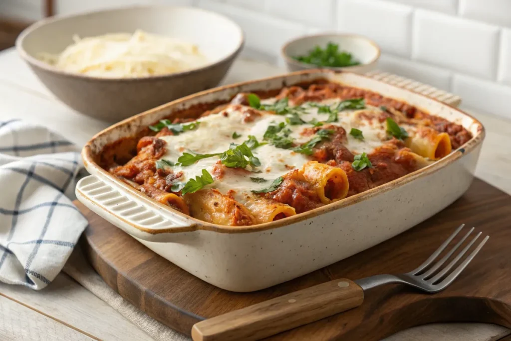 A creamy  dish with rigatoni, tomato sauce, and melted mozzarella cheese topped with fresh parsley sits in a white baking dish.