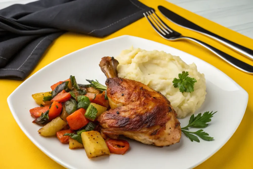 Roasted leg served and roasted vegetables on a white plate.