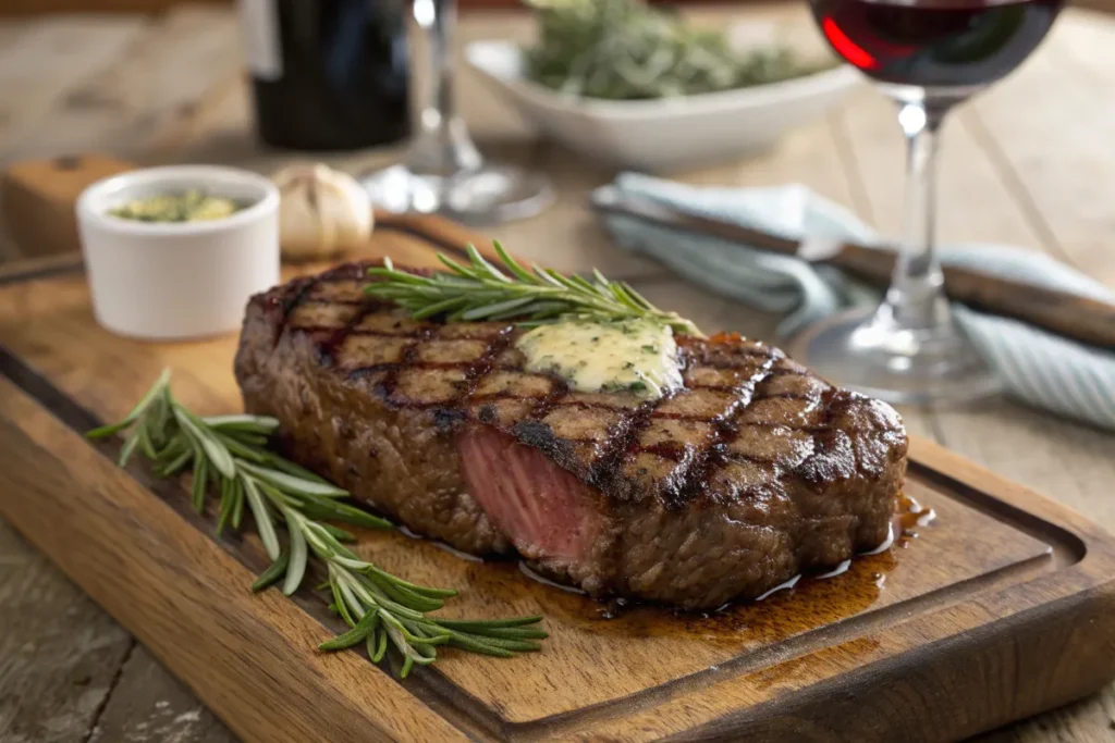 Grilled  topped with herb butter and rosemary sits on a wooden cutting board.