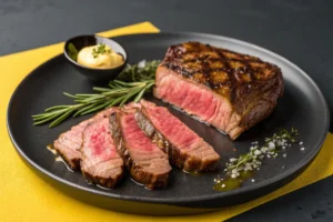 Sliced medium-rare steak on a black plate, garnished with rosemary and a small bowl of sauce.