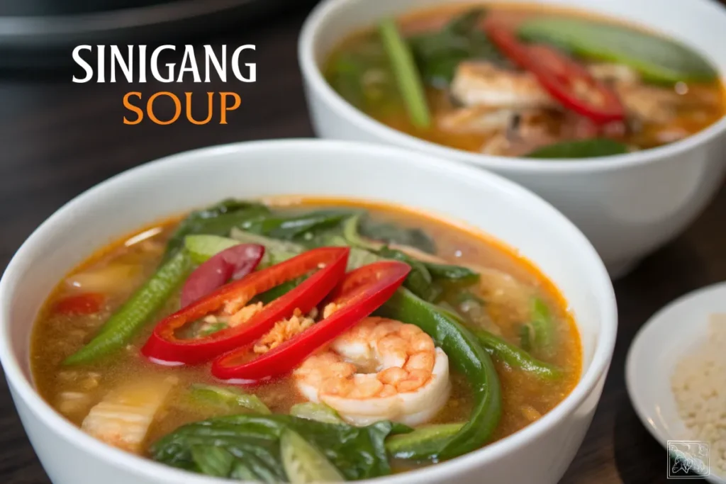 Two bowls of Filipino Sinigang soup are presented, filled with broth, vegetables, shrimp, and chili peppers.