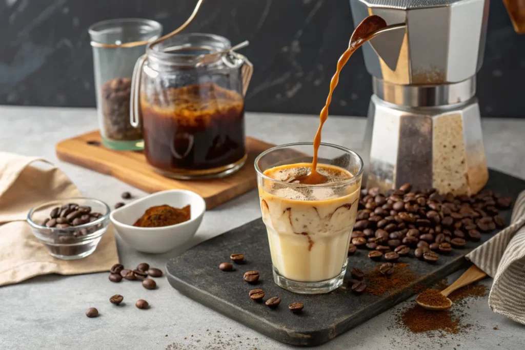 Hot coffee being poured into a glass with milk and coffee grounds.