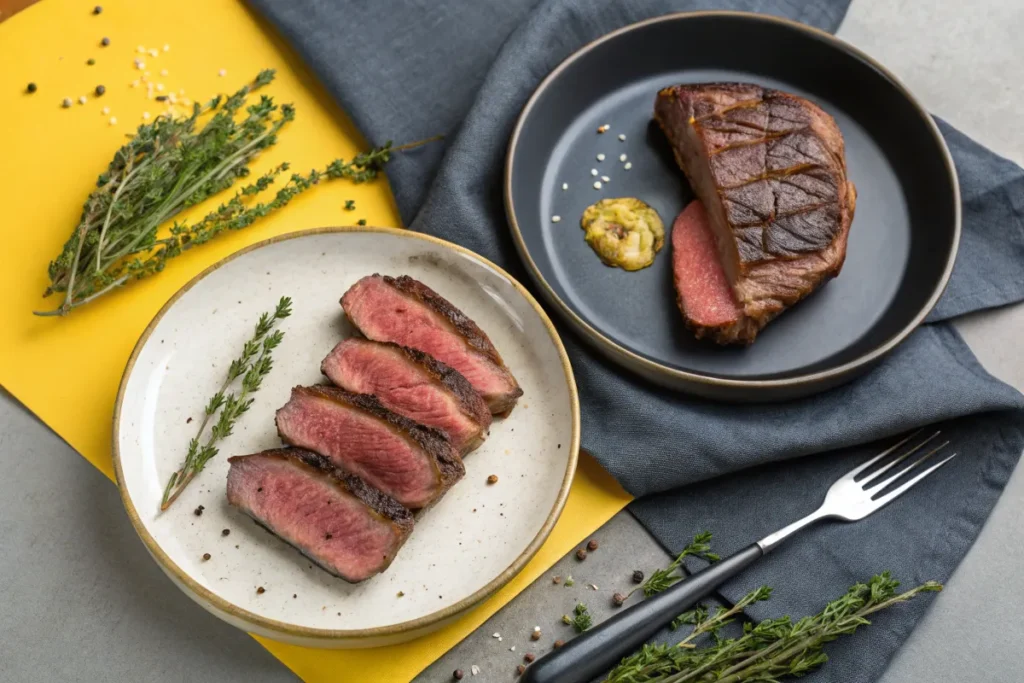 Two plates of steak, one sliced and one whole, are presented with sprigs of thyme.