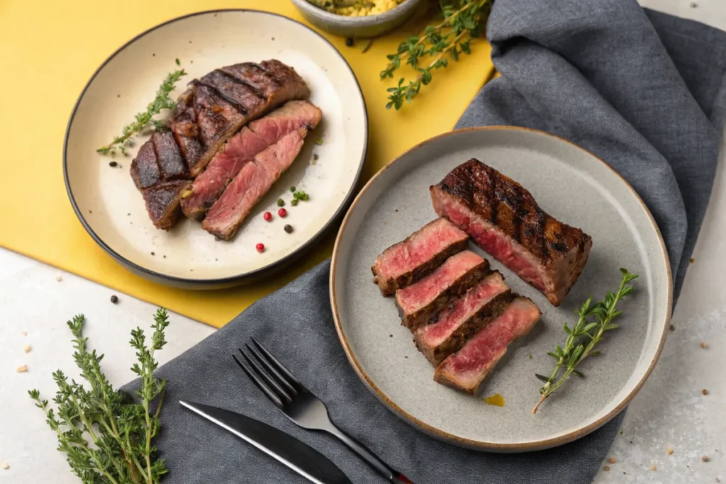 Two plates of sliced medium-rare steak garnished with thyme and peppercorns are presented on a table.