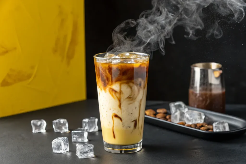 A glass of iced coffee with a layer of cream and a swirl of coffee syrup sits on a table with ice cubes scattered around.