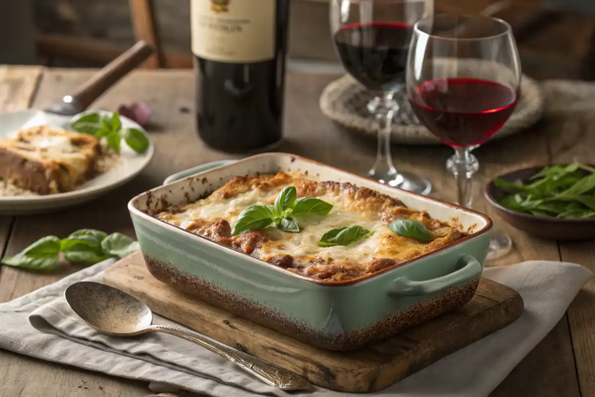 A light green baking dish filled with lasagna sits on a wooden board, accompanied by red wine and a serving of salad.