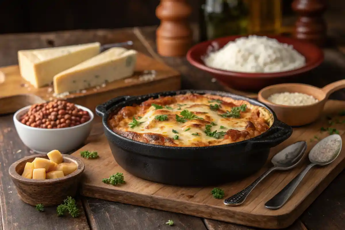 A bubbling, cheesy lasagna sits in a cast iron skillet, surrounded by ingredients like cheese, lentils, and grated parmesan.