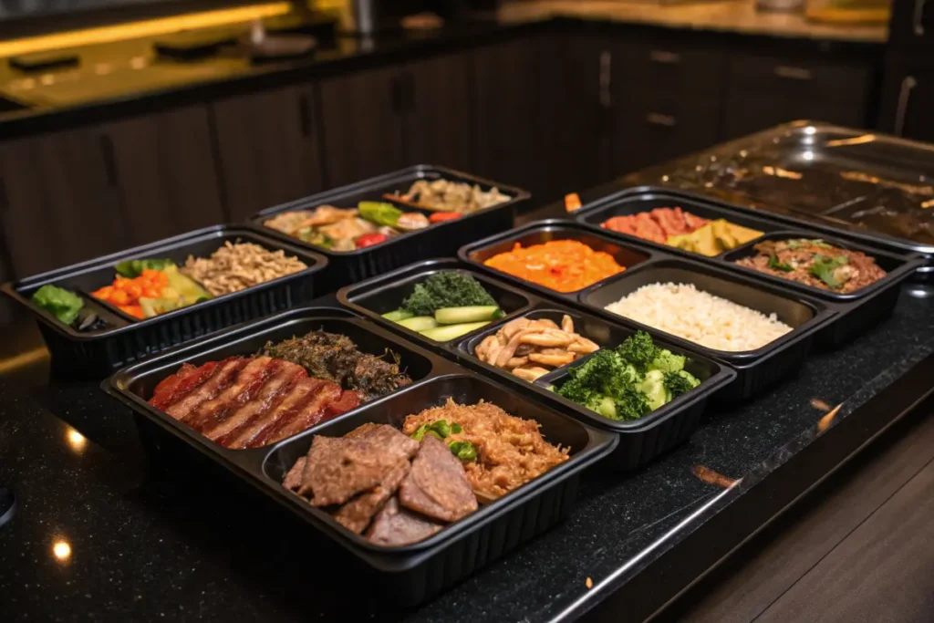 Several black plastic to-go containers filled with various prepared meals are lined up on a counter.