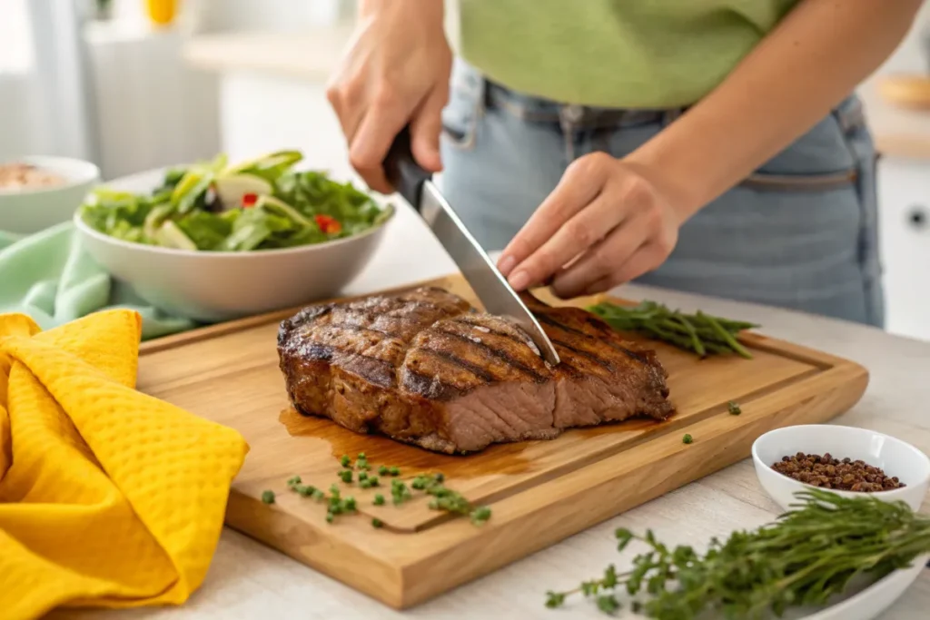 A person cuts a grilled steak on a wooden cutting board.