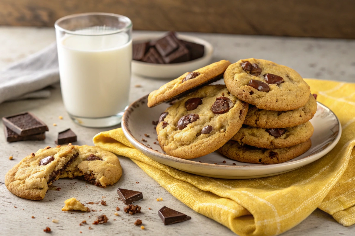 A stack of chocolate chip cookies sits on a plate next to a glass of milk and pieces of dark chocolate.