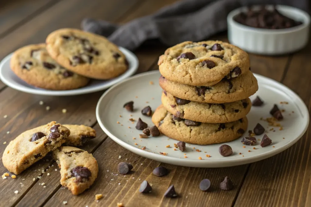 Freshly baked chocolate chip cookies stacked on a plate