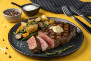 Grilled Delmonico Steak sliced and served with roasted vegetables and herb butter on a black plate.